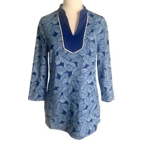 J McLaughlin Small Blue Leaf Print Catalina Cloth Stretch Knit Tunic Top